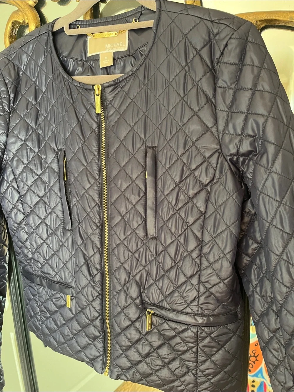 Michael Kors Navy Quilted Collarless Puffer Jacket with Gold Hardware
